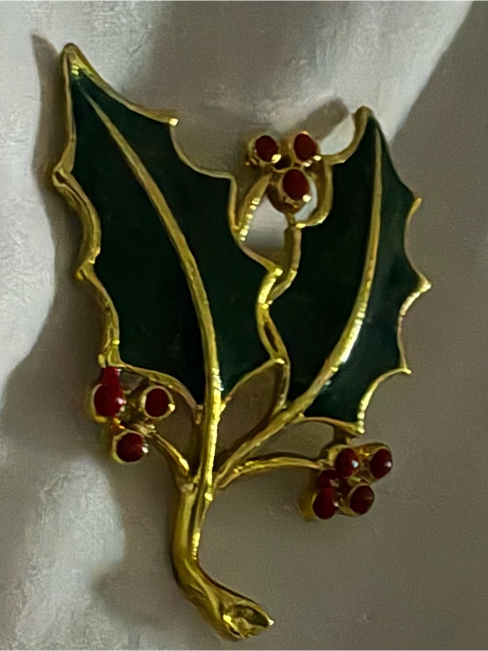 Gold-Tone Holly Leaf Brooch with Green Enamel and Red Berries